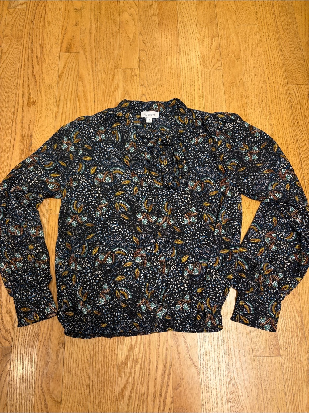 Evereve Navy Paisley Long-Sleeve Blouse with Teal & Mustard Accents